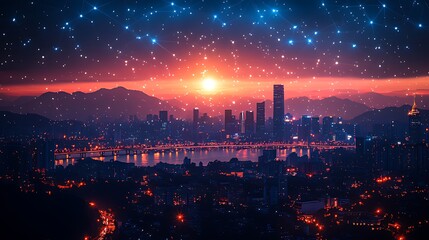 Cityscape Sunrise, Starry Night, Mountain View, Futuristic