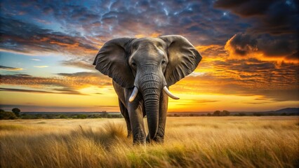 Obraz premium A majestic black elephant stands proudly in a serene savannah landscape at sunset, with the warm golden light casting a gentle glow on its gray fur and tusks , sunset, tusks
