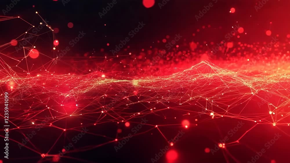 Poster red background with a lot of dots and a red line. the dots are scattered all over the background