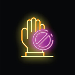 Neon sign illustrating hand making stop gesture with forbidden symbol on dark background