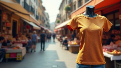 3D T-Shirt Mockup on Female Model, Marketplace background 3D patterned T-shirt on invisible form