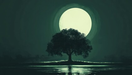 Solitary Tree Stands Silhouetted Against A Large Moon