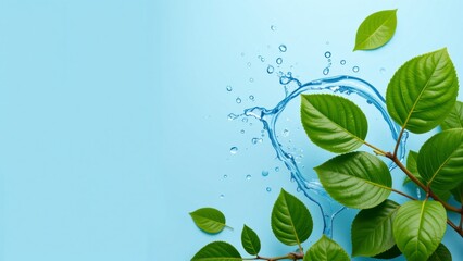 Refreshing Water Splash with Lush Green Leaves on Blue Background