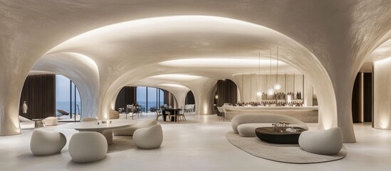 Modern luxury lounge with ocean view, featuring organic curves, sculpted ceilings, and minimalist furniture.