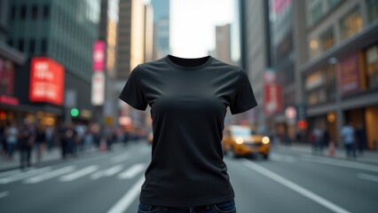 3D T-Shirt Mockup on Female Model, Urban street 3D black T-shirt on invisible form
