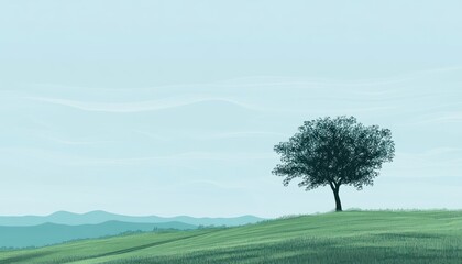 Obraz premium Serene Landscape Featuring a Solitary Tree on a Hill