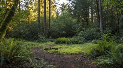 Obraz premium A serene forest clearing surrounded by tall trees and lush greenery.
