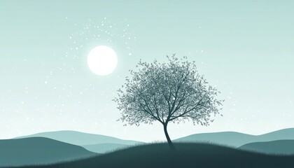 Serene Landscape Featuring A Single Tree And Distant Hills