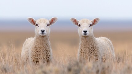 Obraz premium Two lambs in field, gazing, coastal background, farm animals