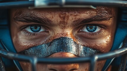 A close-up of a determined athlete wearing a helmet, showcasing intense blue eyes and dirt-smudged skin, embodying focus and resilience.
