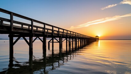 Fototapeta premium Serene Sunrise over Calm Water with Long Wooden Pier and Gazebo