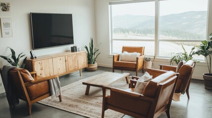 Modern living room, mountain view, relaxation, interior design, home decor, furniture,  cozy, comfortable