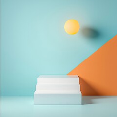 Obraz premium A white pedestal with three steps sits in front of a blue wall