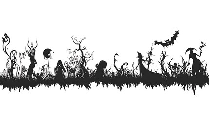 Halloween silhouettes of witches, trees, and creatures
