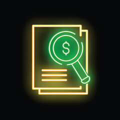 Glowing neon icon representing the concept of financial analysis, featuring a magnifying glass scrutinizing documents with a prominent dollar sign