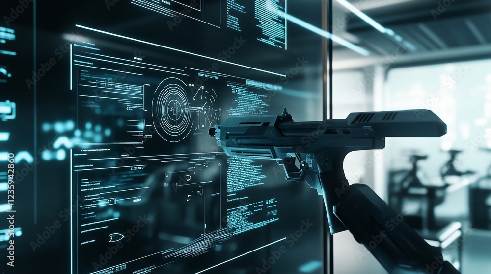 Poster futuristic gun and holographic screen interface concept in a technological lab setting