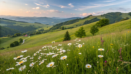 Obraz premium Serene Meadow Landscape with Wildflowers and Rolling Hills at Sunset