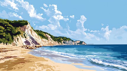 Coastal beach scene with cliffs and waves, sunny day