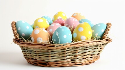 Colorful easter basket filled with vibrant painted eggs, isolated on a pristine white background