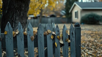 Fototapeta premium Autumn Leaves on a Weathered Wooden Fence in a Quiet Neighborhood