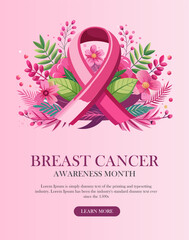 Breast cancer awareness pink ribbon Flyer design. Banner template design. Set of vector greeting cards, banners, post