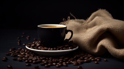 Obraz premium Classic Black Coffee Cup Surrounded by Fresh Coffee Beans and Burlap