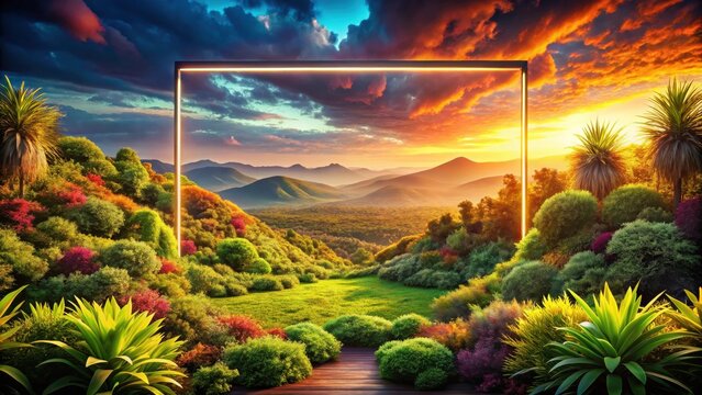 A glowing rectangular frame set against a vibrant sunset illuminating lush greenery and rolling hills