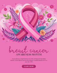 Breast cancer awareness month banner with pink ribbon. handwritten lettering for Breast cancer awareness campaign flyer design
