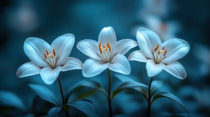 Fototapeta premium Three white lilies bloom, dark background, garden, serenity