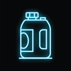 Bright blue neon sign of a container for sports nutrition, vitamins, or supplements glowing on a black background