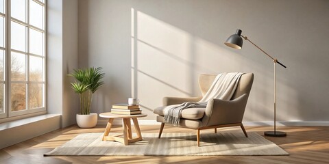 A comfortable living room with a cozy armchair, a floor lamp, a coffee table with books, a plant, and a rug, all bathed in natural sunlight.