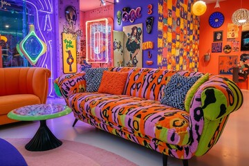 Retro seating area.Colorful couch in modern vibrant room with retro decor and neon lights
