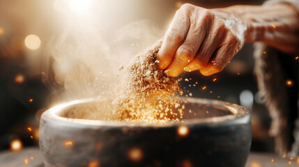Close up hand of witch conjures golden magic powder into a cauldron under the full moon. Halloween holiday concept