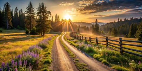Fototapeta premium A winding dirt road leads through a picturesque landscape, bathed in the golden light of a setting sun, as tall pines stand sentinel on the hillside, creating a scene of tranquil beauty.