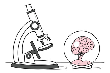 microscope, pink brain, scientific instrument, glass sphere, neurological study, high contrast, white background, 3D rendering, detailed, surreal, medical illustration, futuristic, conceptual, clean a