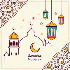 Fototapeta premium Generate a festive Ramadan greeting card with Arabic calligraphy, lanterns, and a crescent moon.