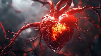 A heart with red veins and a red background