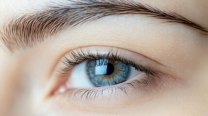 Obraz premium Closeup of a human eye focusing on the intricate details of the iris, eyelashes, and eyebrow.