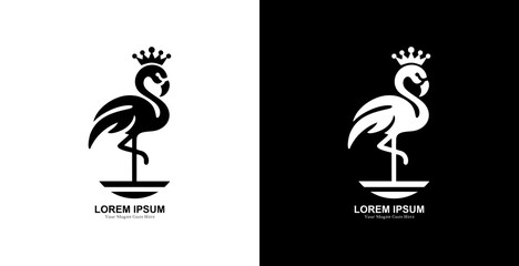 The logo design is in the form of a flamingo walking and wearing a crown