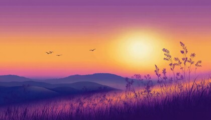 Serene Sunset Over Rolling Hills and Grasslands