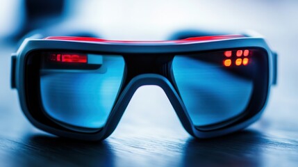 Futuristic smart glasses resting on a table, illuminated by soft ambient light, showcasing technology