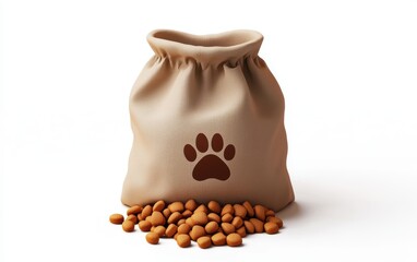 Bag of dry dog food with a paw logo, isolated on a white background