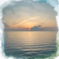 Naklejka premium Gentle waves ripple across the ocean as the sun sets on the horizon, casting soft, warm hues in the sky. Wispy clouds and feather-like elements frame the tranquil seascape.