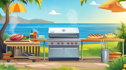 Tropical BBQ seaside, cooking outdoors, sunny day, food preparation, background scenery