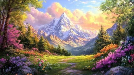 Serene Mountain Meadow Path Blooming With Colorful Flowers