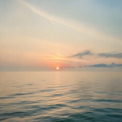 Obraz premium Gentle waves ripple across the ocean as the sun sets on the horizon, casting soft, warm hues in the sky. Wispy clouds and feather-like elements frame the tranquil seascape.