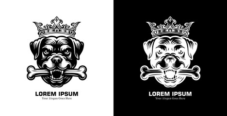 The logo design is in the shape of a dog's head biting a bone and wearing a crown