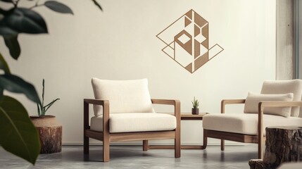 Modern Minimalist Living Room Interior with Geometric Wall Art and Wooden Armchairs