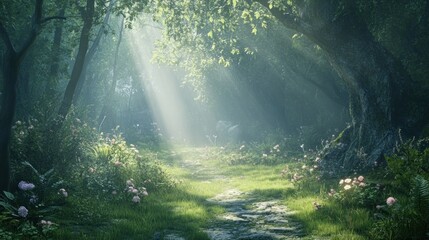 Obraz premium A serene forest path illuminated by soft sunlight, surrounded by lush greenery and flowers.