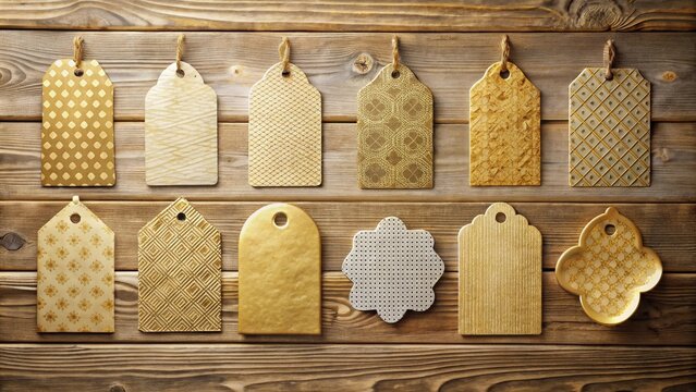 A collection of golden gift tags with various patterns and designs, strung on twine and placed on a rustic wooden background.